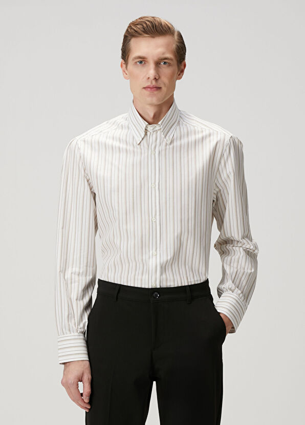 Brunello Cucinelli Kahverengi Beyaz Çizgi Desenli Gömlek - 1