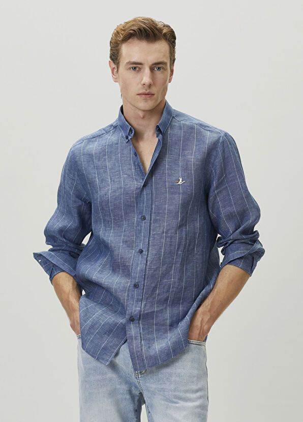 Beymen Club Comfort Fit Navy Blue Striped Linen Shirt - 2
