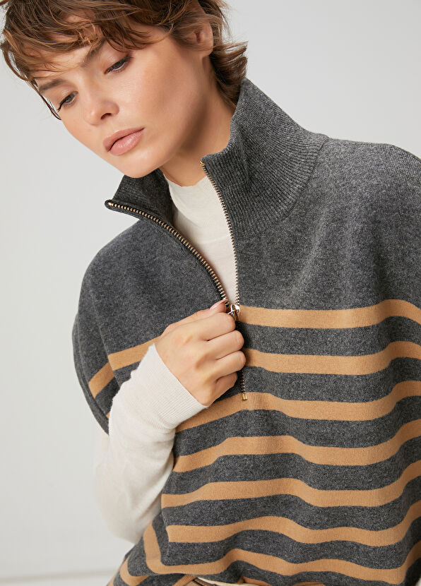 Beymen Club Camel Antrasit Çizgili Yün Süveter - 2