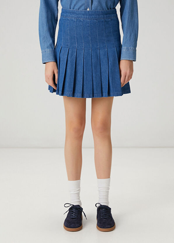 Beymen Club Blue Pleated Mini Denim Skirt - 2