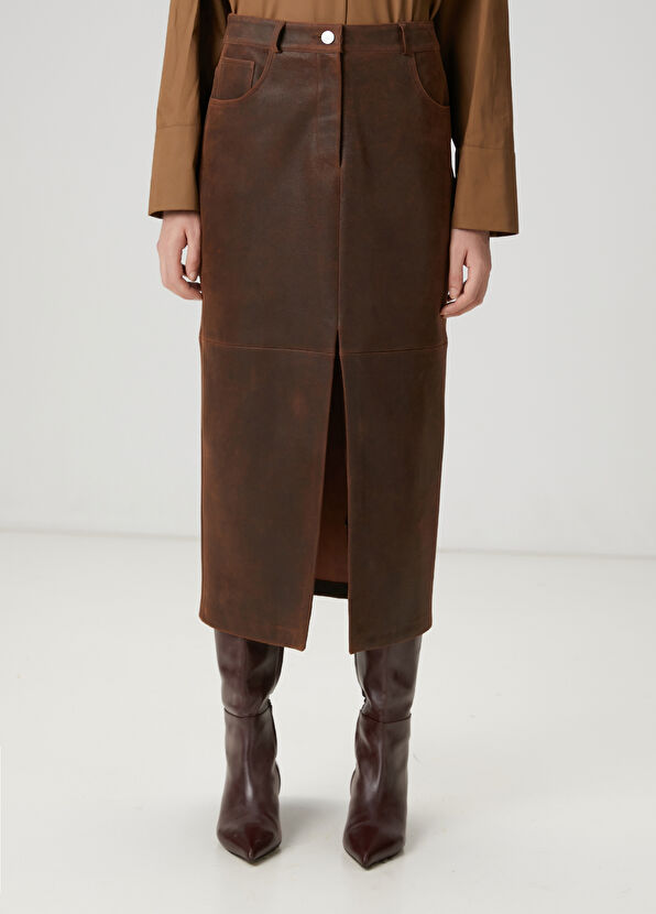 Beymen Club Kahverengi Midi Deri Etek - 2