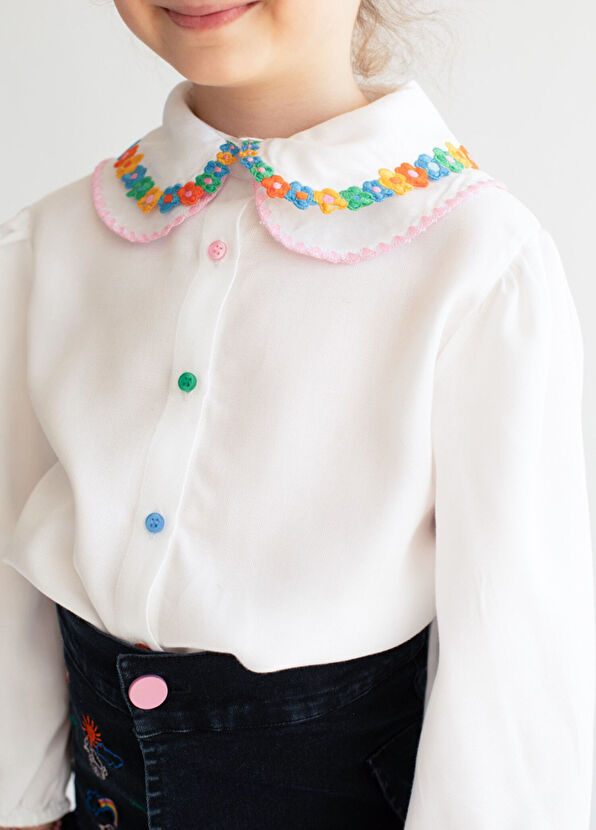 Lala’s Petite Çiçek Yakalı Beyaz Uzun Kollu Kız Çocuk Gömlek - 3