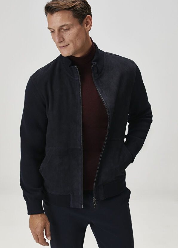 Koyu Lacivert Triko Garnili Süet Hybrid Mont - Görsel 3