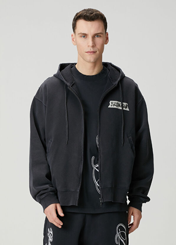 Balenciaga Masking Tape Siyah Kapüşonlu Oversized Sweatshirt - 1