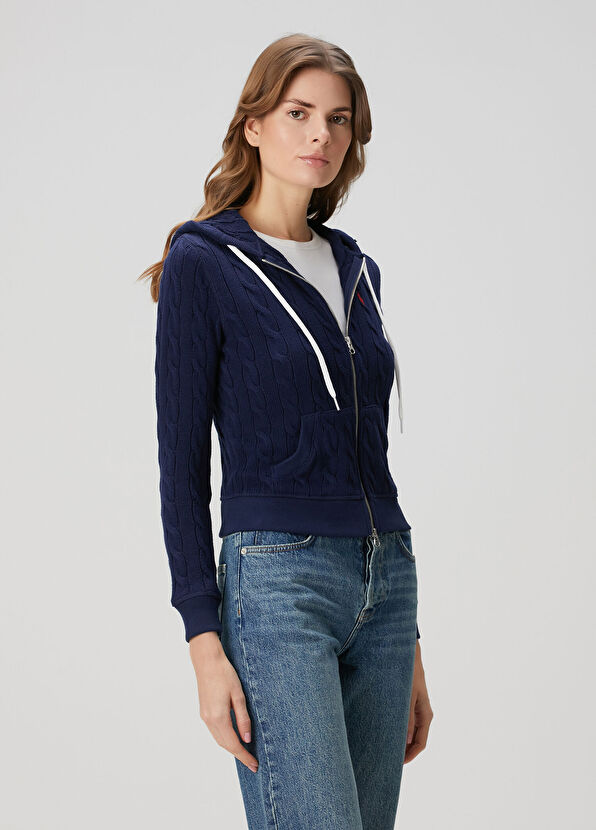 Lacivert Kapüşonlu Saç Örgü Hırka - Görsel 2