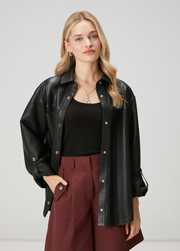 Beymen Club Black Perforated Detail Leather Jacket - 1