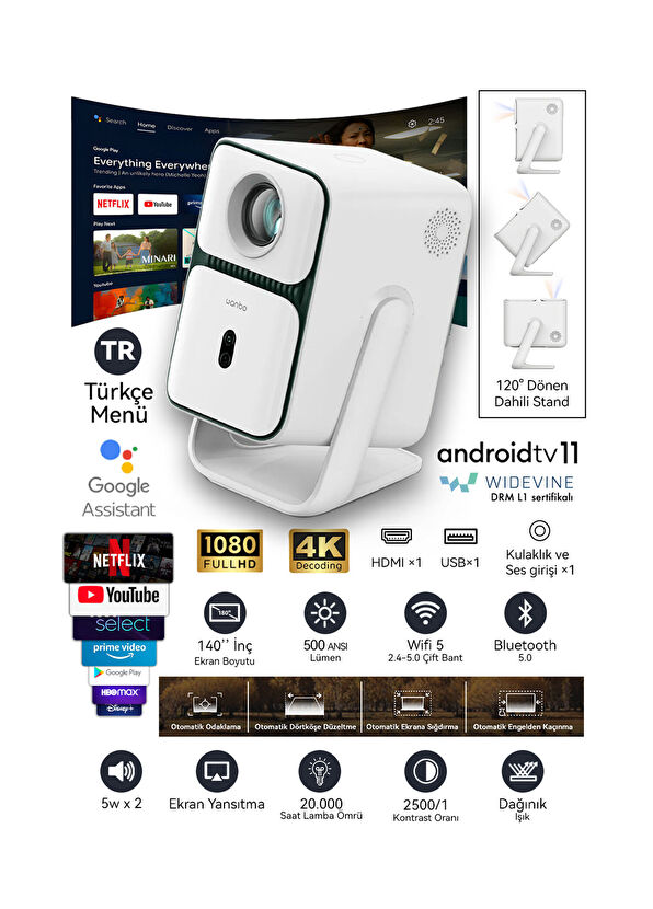 Wanbo T2 Ultra 500 ANSI Lümen Full HD Android TV Projeksiyon Cihazı - 2