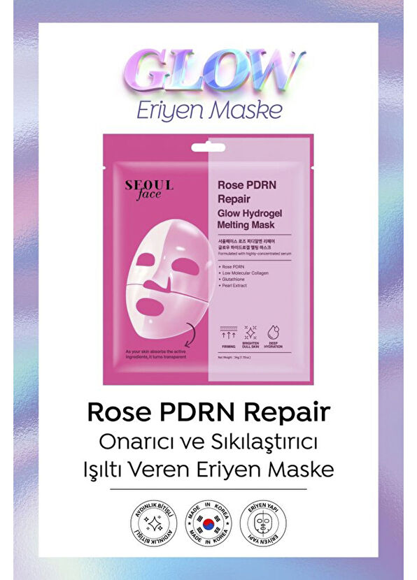 Dermal Seoul Face Rose PDRN Repair Glow Radiant Melting Hydrogel Hydrogel 5-Pack Paper Face Mask 34 gr - 2