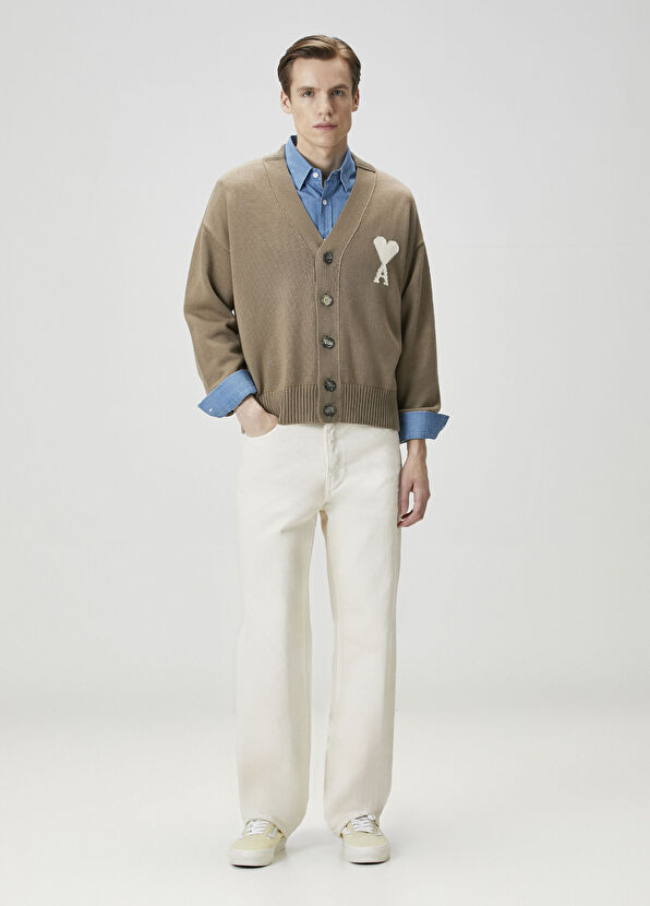 Ami Paris Beige Logo Jacquard Wool Knit Cardigan - 2