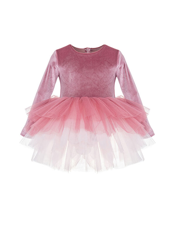 Mini Celebrities Gül Kurusu Kadife Tütülü Uzun Kollu Kız Çocuk Elbise - 1