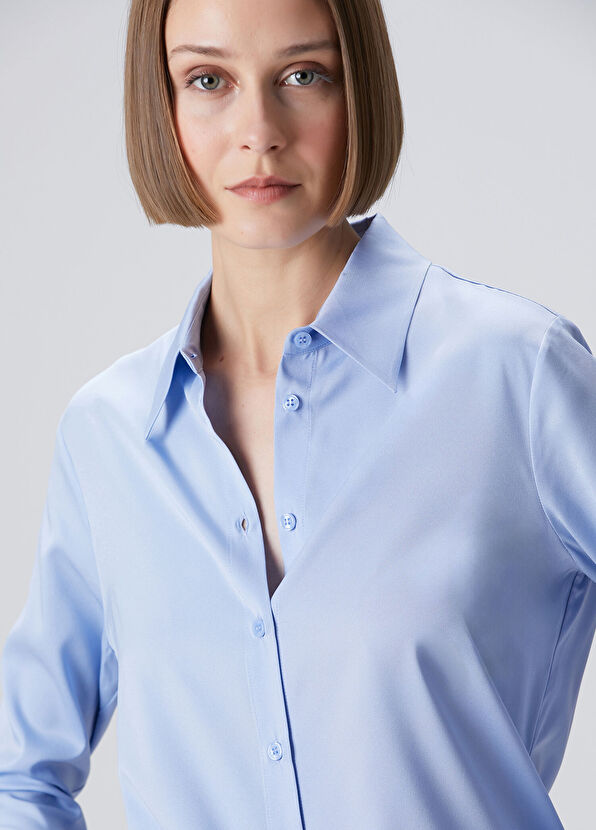 Mavi Klasik İpek Gömlek - Görsel 3