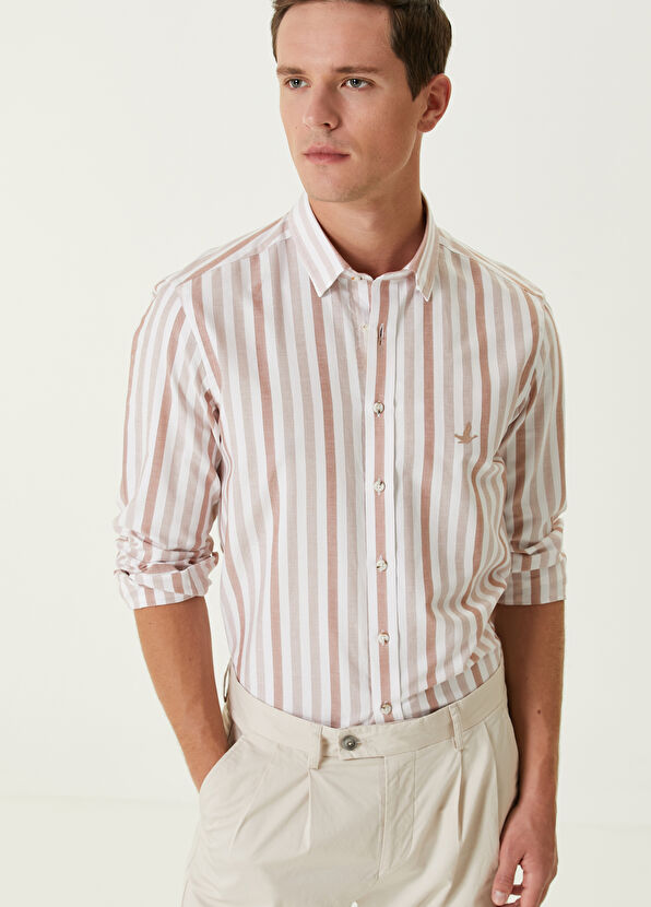 Beymen Club Slim Fit Kahverengi Beyaz Organik Pamuk Gömlek - 2