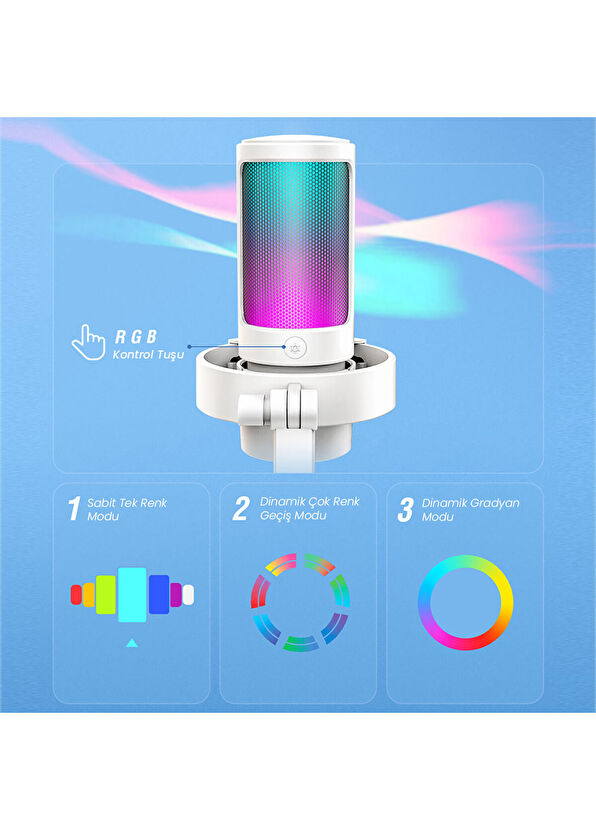 Fifine Ampligame A8 USB RGB Beyaz Yayıncı Bilgisayar Mikrofon - 3