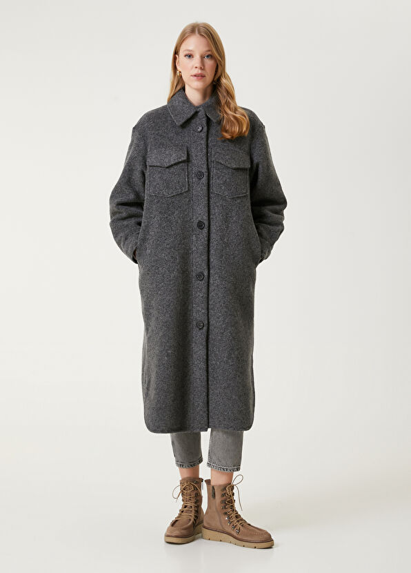 Beymen Club Gri Yıldız Nakışlı Uzun Yün Dış Gömlek - 4