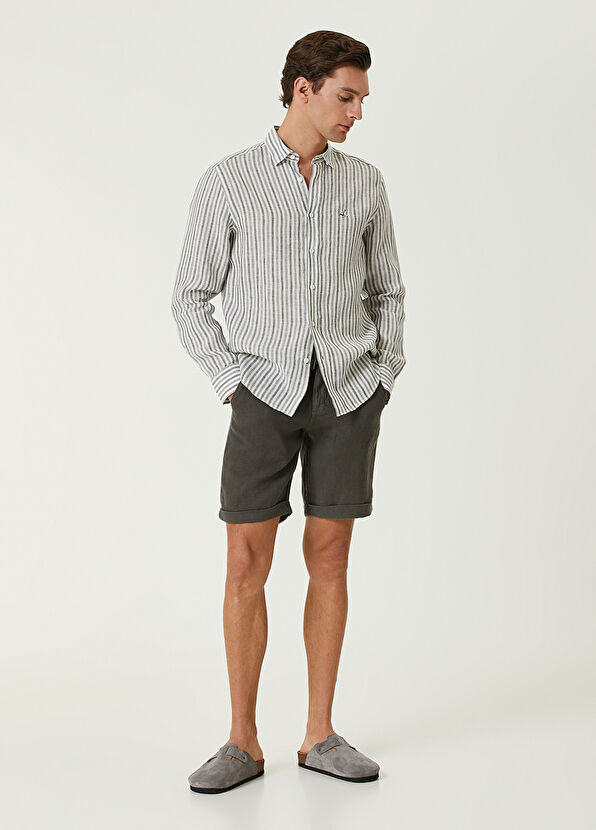 Beymen Club Regular Fit Koyu Haki Beli Kordonlu Keten Şort - 1