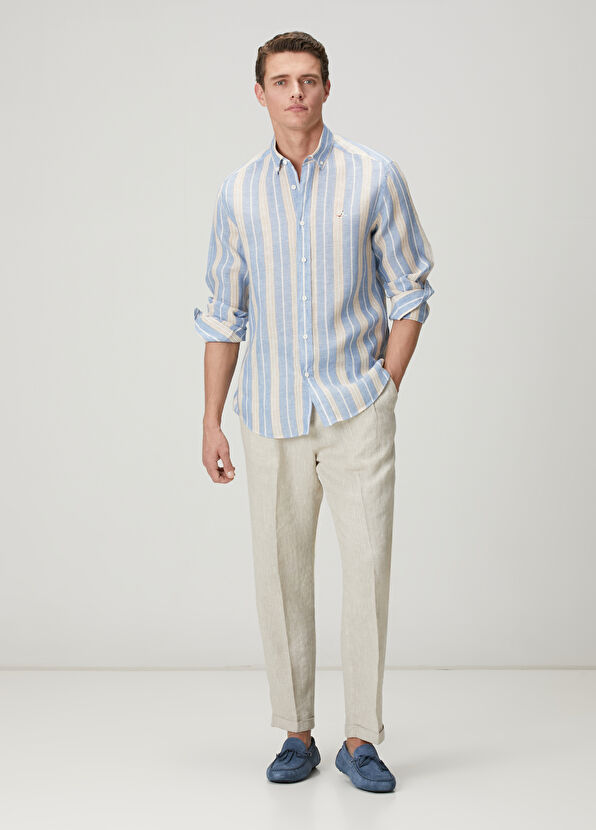 Beymen Club Comfort Fit Blue Stripe Patterned Linen Shirt - 3