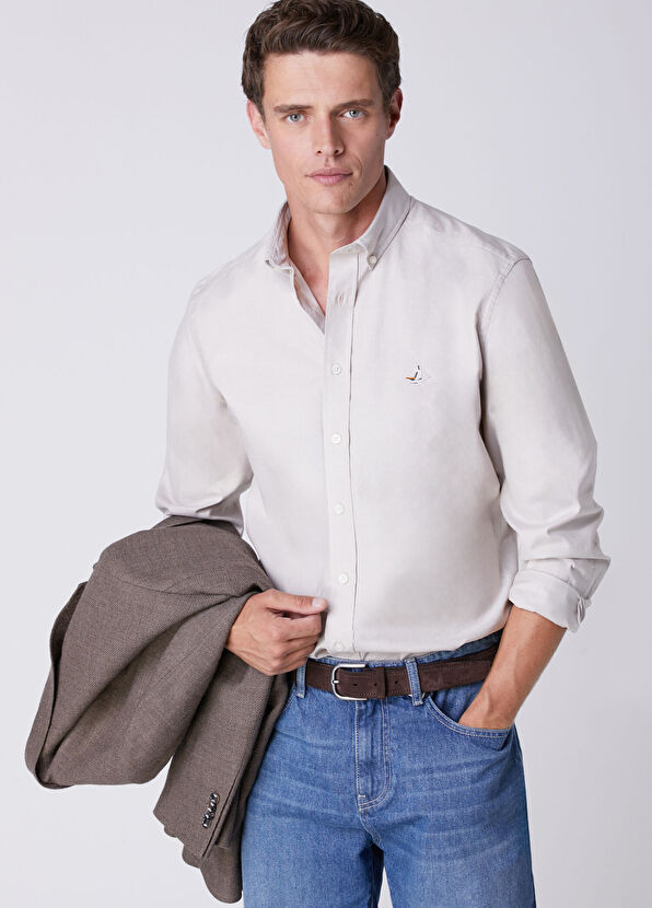 Beymen Club Slim Fit Bej Lycralı Oxford Gömlek - 1