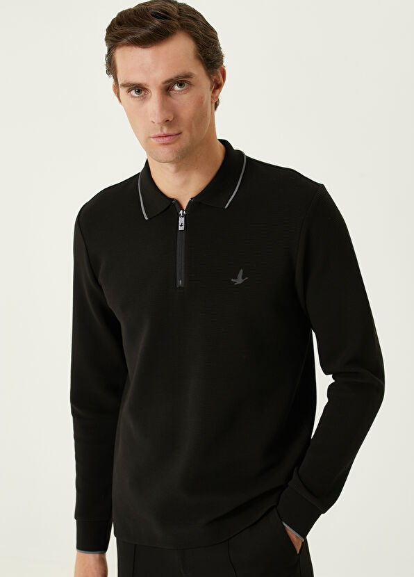 Beymen Club Slim Fit Siyah Polo Yaka Ottoman Dokulu Sweatshirt - 2