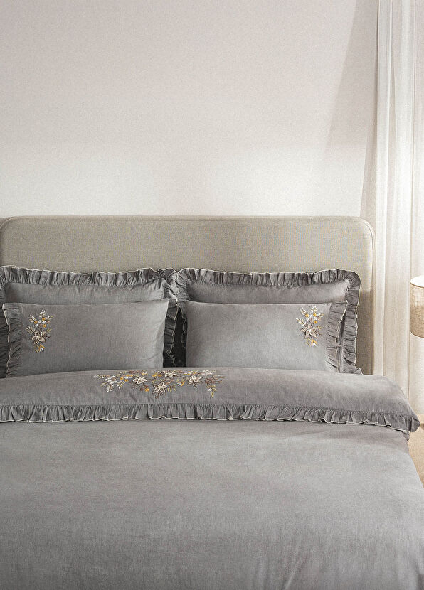 Ecocotton Zaira Nakışlı Gri Organik Pamuk Saten Battal Boy Nevresim Takımı 240 x 220 cm - 2