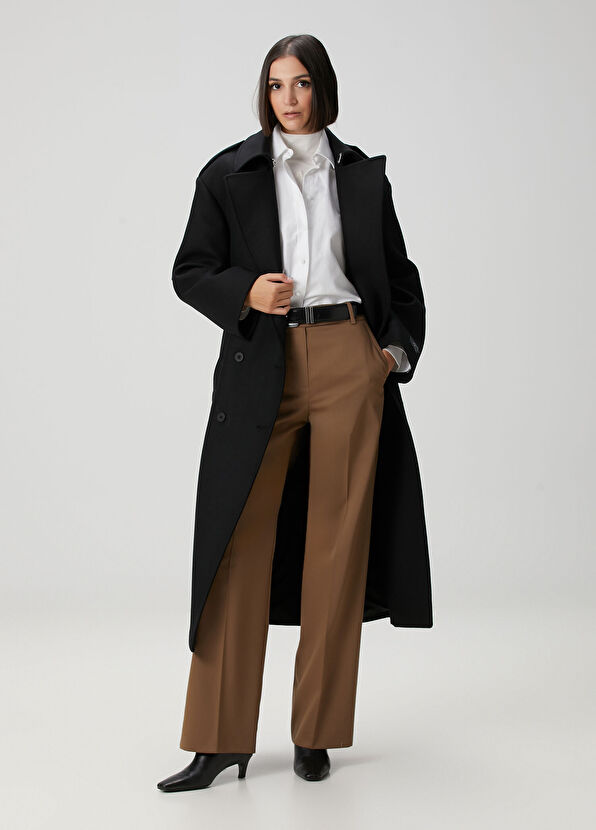 Siyah Kemer Detaylı Yün Palto - Görsel 3