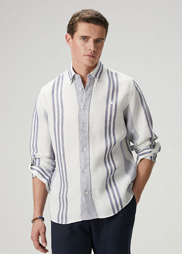 Beymen Club Navy Blue White Striped Relax Fit Linen Shirt - 4