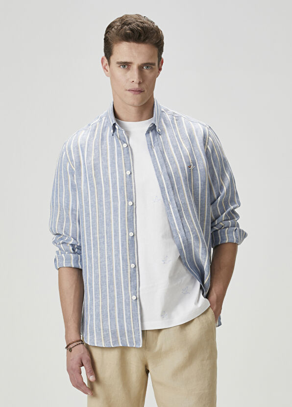 Beymen Club Comfort Fit Blue Stripe Patterned Linen Shirt - 2