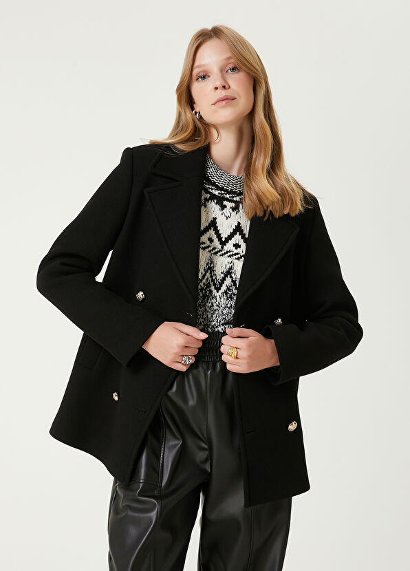 Beymen Club Siyah Kruvaze Yün Kaban - 1