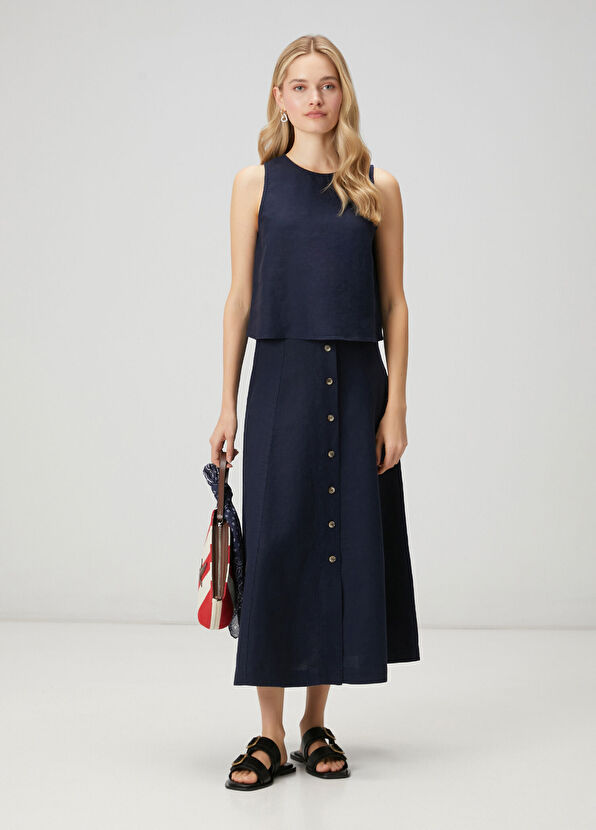 Beymen Club Midi Linen Skirt With Navy Blue Buttons - 1