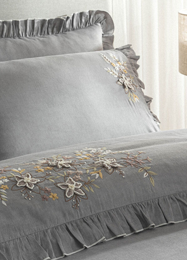 Ecocotton Zaira Nakışlı Gri Organik Pamuk Saten Battal Boy Nevresim Takımı 240 x 220 cm - 3