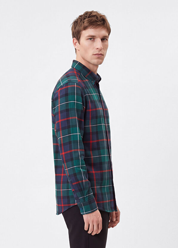 Beymen Club Comfort Fit Navy Blue Green Plaid Print Shirt - 4