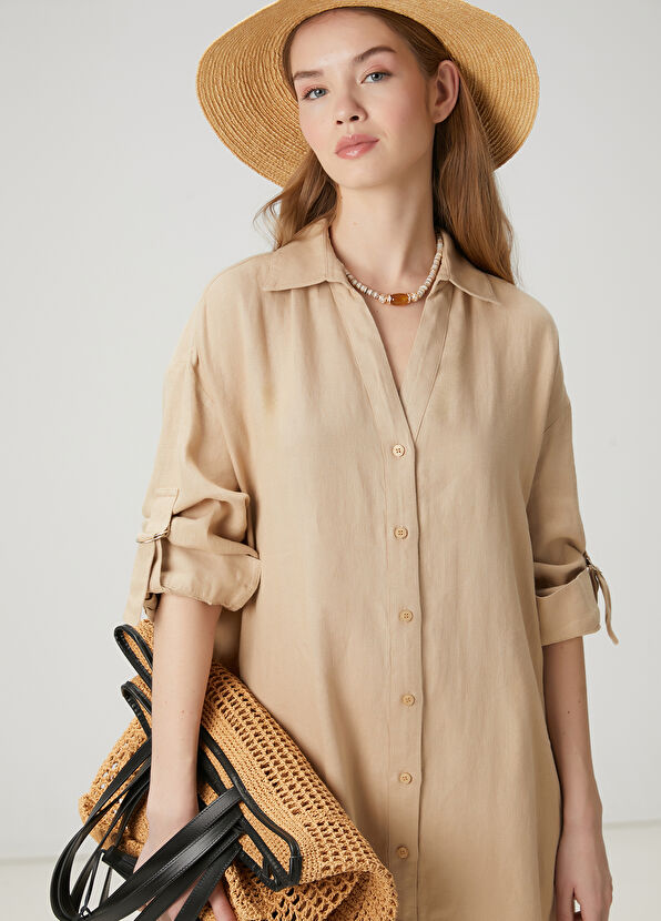Beymen Club Beige Midi Linen Shirt Dress - 3