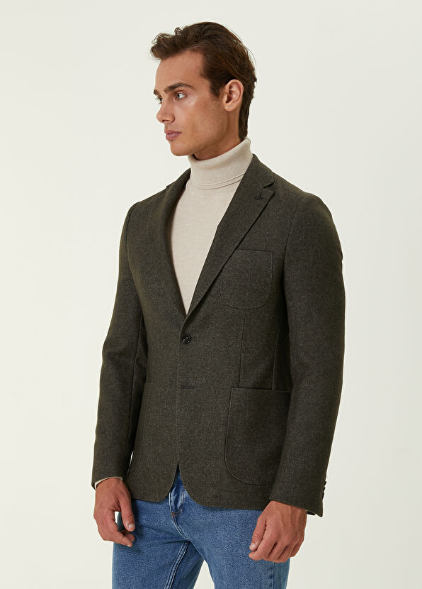 Beymen Club Slim Fit Haki Yün Flanel Kaşe Ceket - 3