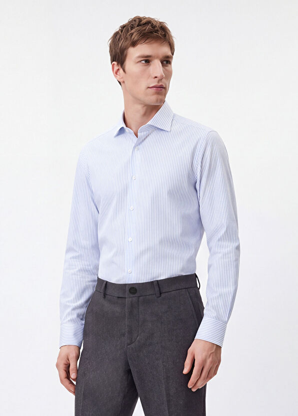 Beymen Club Comfort Fit Blue White Striped Non-Iron Shirt - 3