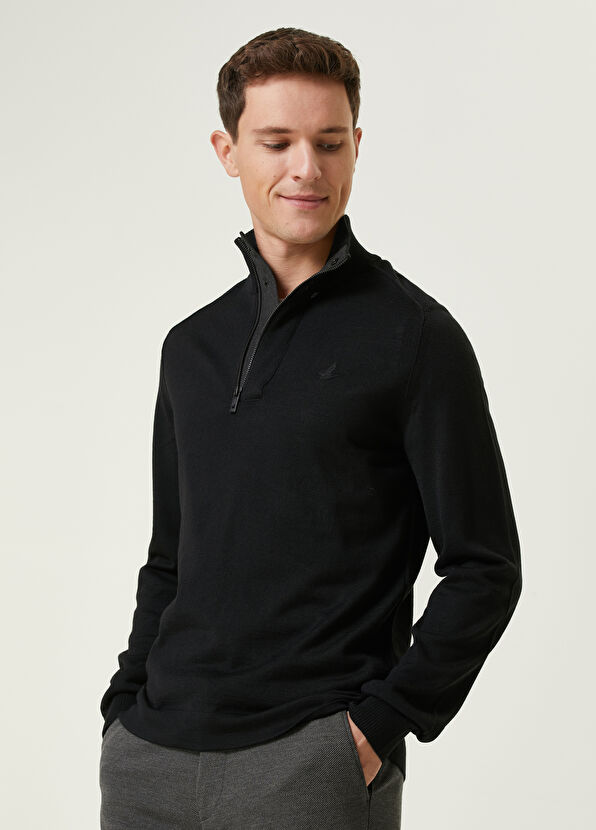 Beymen Club Siyah Yakası Fermuarlı Yün Kazak - 2