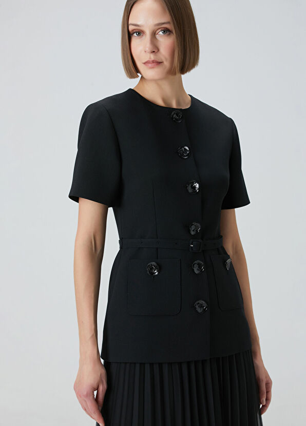 Siyah Çiçek Düğmeli Midi Elbise - Görsel 4