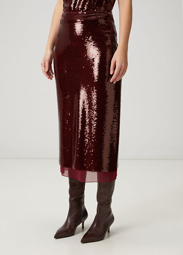 Beymen Club Bordo Payetli Midi Abiye Etek - 2