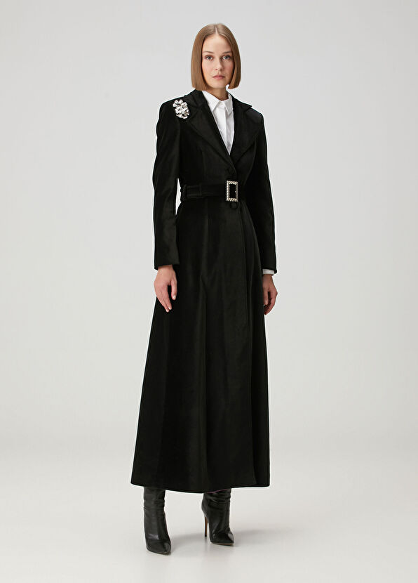 Siyah Taş Broşlu Palto - Görsel 3