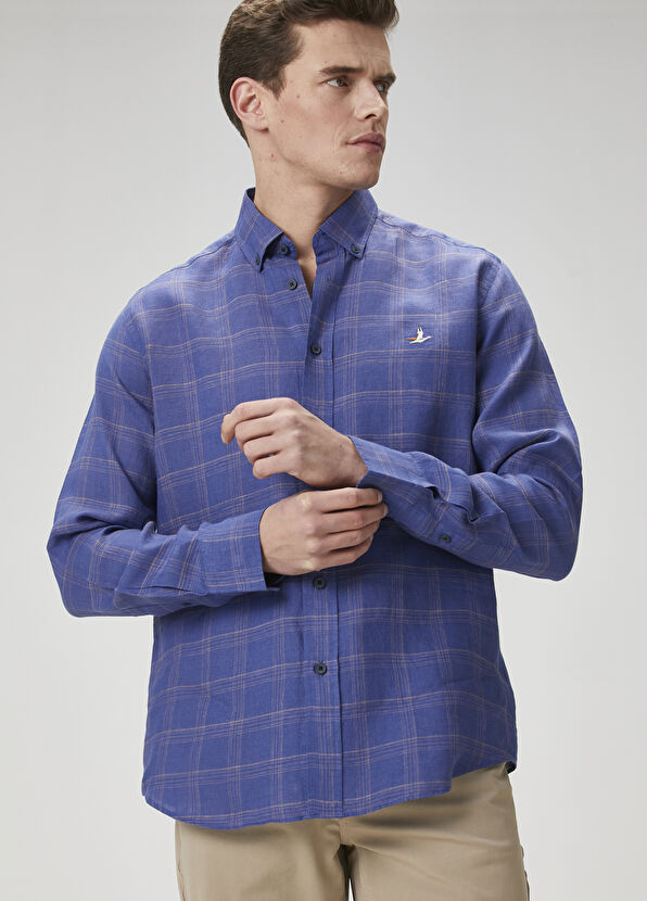 Beymen Club Comfort Fit Lacivert Ekose Desenli Keten Gömlek - 1