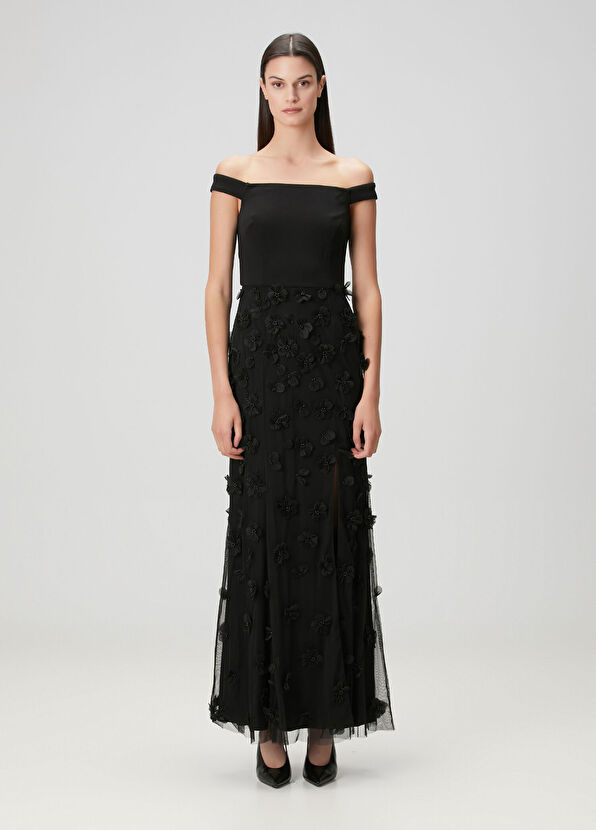 Siyah Çiçek Aplikeli Maksi Abiye Elbise - Görsel 3