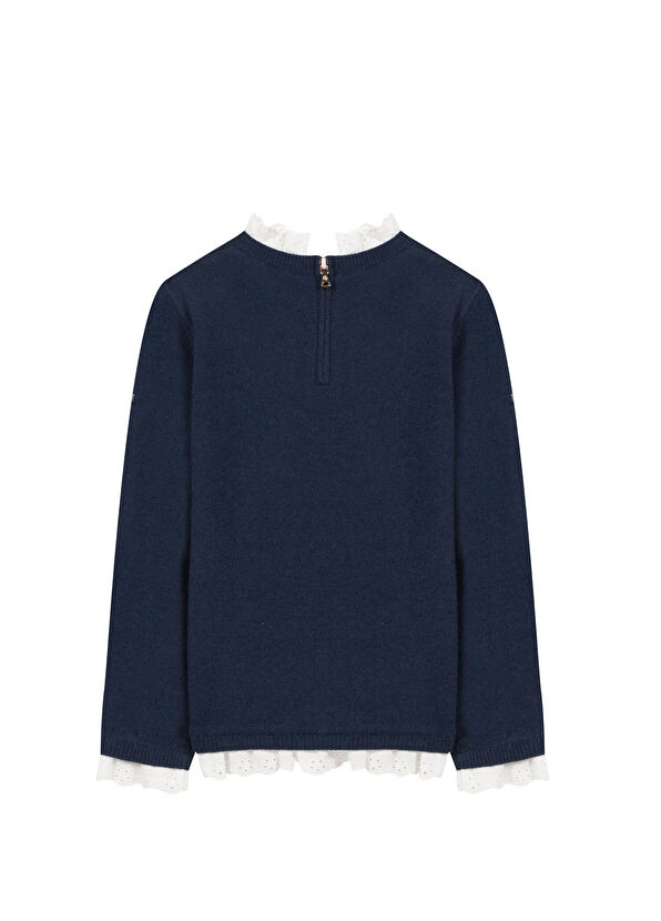 Tartine Et Chocolat Navy Blue Wool Shirt Collared Girl's Sweater - 2