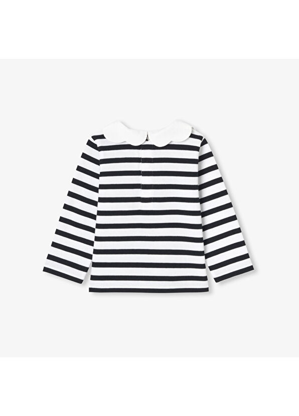 Jacadi Paris Lacivert Beyaz Taraklı Yaka Uzun Kollu Breton Kız Bebek T-Shirt - 2