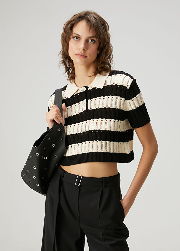 Academia Ekru Siyah Cropped Triko - 1