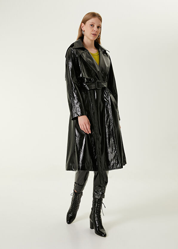 Beymen Club Black Jersey Hooded Patent Trench Coat - 3