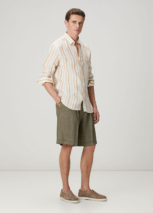 Beymen Club Comfort Fit Beyaz Somon Çizgi Desenli Keten Gömlek - 3