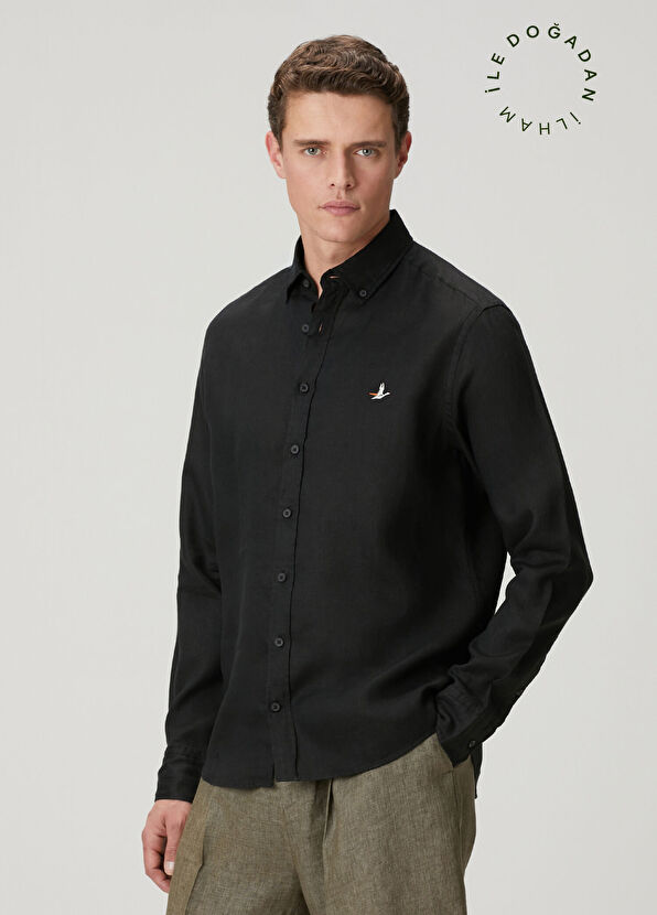 Beymen Club Siyah Comfort Fit Keten Gömlek - 1