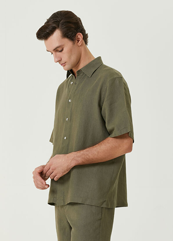 Beymen Club Comfort Fit Haki Kısa Kollu Keten Gömlek - 4