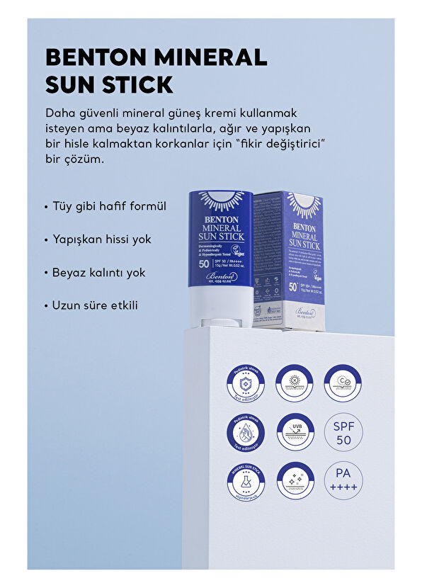 Benton Mineral Sun Stick SPF50 PA++++ %100 Fiziksel Vegan Stick Güneş Koruyucu 15 gr - 2