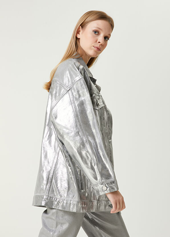 Beymen Club Silver Varaklı Oversize Denim Ceket - 4