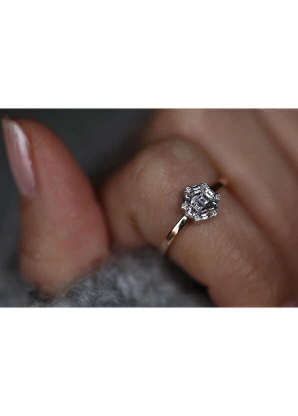 Reis Kuyumculuk Altıgen Baget 14 Ayar Altın Kadın Pırlanta Yüzük - 2