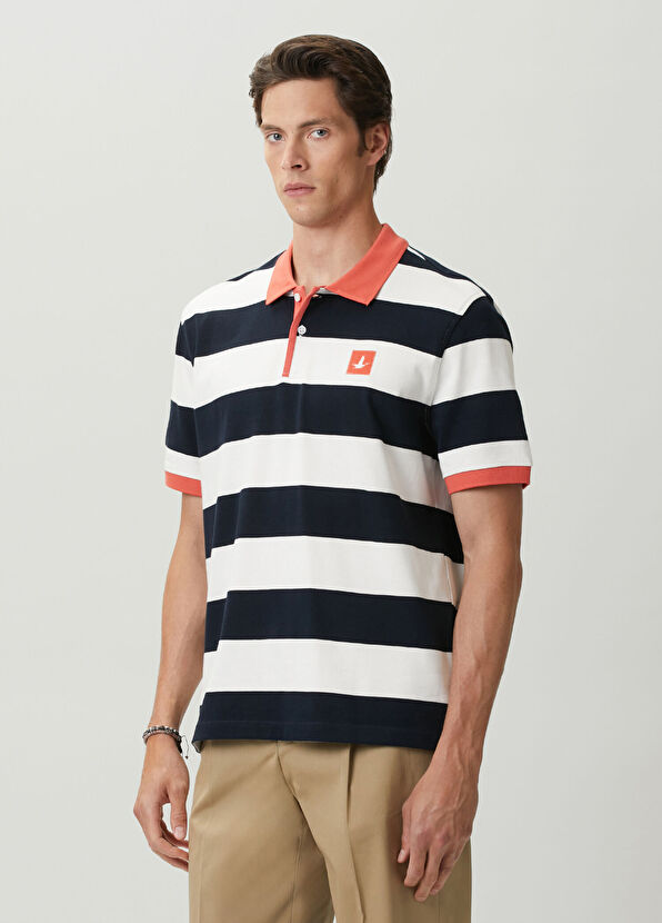 Beymen Club Comfort Fit Navy Blue White Polo Striped T-Shirt - 4